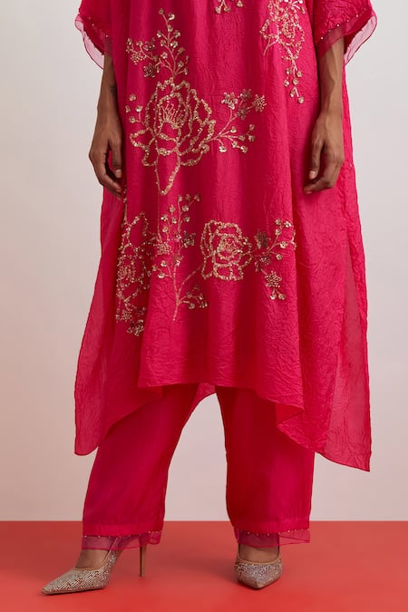 Shop_One Not Two_Pink Silk Sequins, Beads, Crystals Split Crushed Embroidered Roses Kaftan Set _Online_at_Aza_Fashions