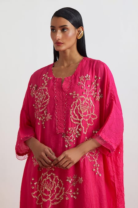 One Not Two_Pink Silk Sequins, Beads, Crystals Split Crushed Embroidered Roses Kaftan Set _at_Aza_Fashions