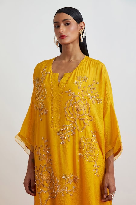 One Not Two Yellow Crinkle, Silk Sequins, Beads, Crushed Embroidered Roses Kaftan Set Online at Aza Fashions One Not Two_Yellow Crinkle, Silk Sequins, Beads, Crushed Embroidered Roses Kaftan Set _Online_at_Aza_Fashions