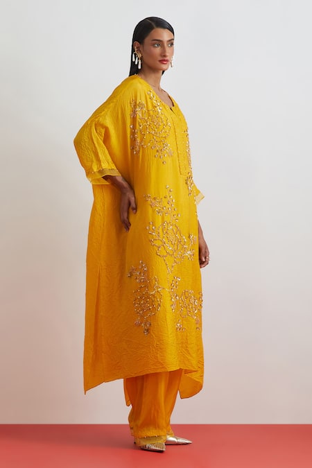 Buy One Not Two Yellow Crinkle, Silk Sequins, Beads, Crushed Embroidered Roses Kaftan Set Online at Aza Fashions Buy_One Not Two_Yellow Crinkle, Silk Sequins, Beads, Crushed Embroidered Roses Kaftan Set _Online_at_Aza_Fashions