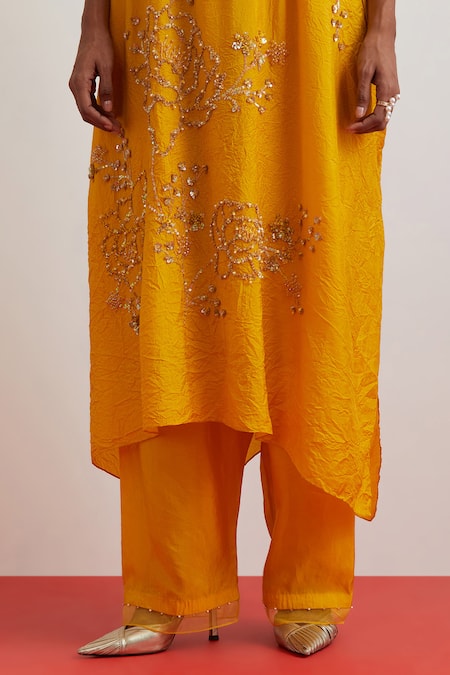 Shop One Not Two Yellow Crinkle, Silk Sequins, Beads, Crushed Embroidered Roses Kaftan Set Online at Aza Fashions Shop_One Not Two_Yellow Crinkle, Silk Sequins, Beads, Crushed Embroidered Roses Kaftan Set _Online_at_Aza_Fashions