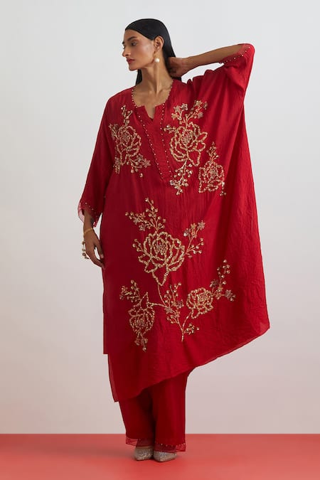 One Not Two Crushed Silk Encrusted Roses Kaftan Set 
