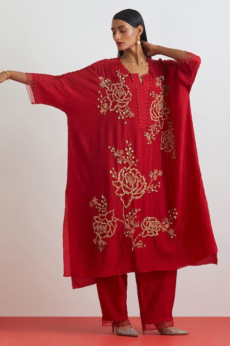 One Not Two Crushed Silk Encrusted Roses Kaftan Set 