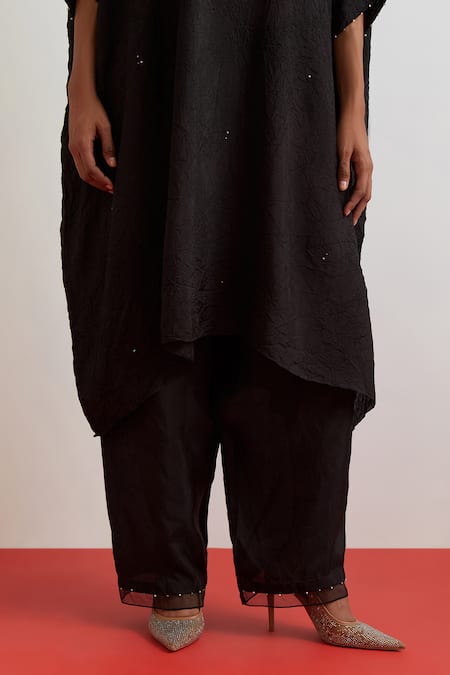 One Not Two_Black Crinkle, Silk Embroidery, Sequins, Beads, Crushed Kaftan And Pant Set _Online_at_Aza_Fashions