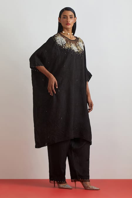 Buy_One Not Two_Black Crinkle, Silk Embroidery, Sequins, Beads, Crushed Kaftan And Pant Set _Online_at_Aza_Fashions