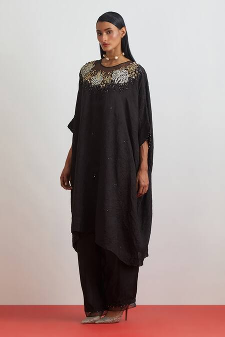 Shop_One Not Two_Black Crinkle, Silk Embroidery, Sequins, Beads, Crushed Kaftan And Pant Set _Online_at_Aza_Fashions