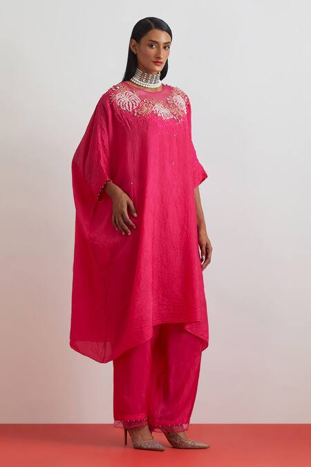 One Not Two_Fuchsia Silk Embroidery, Sequins, Beads, Crushed Floral Kaftan And Pant Set _Online_at_Aza_Fashions