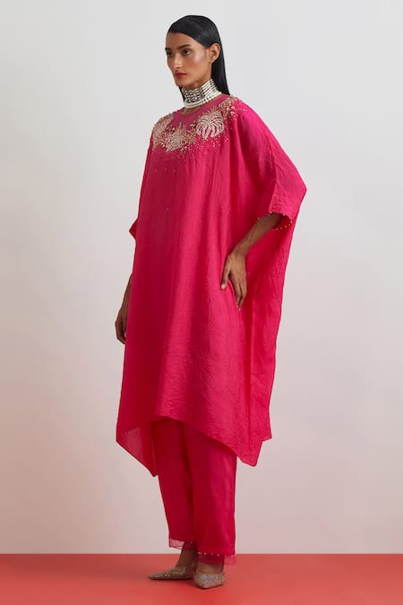 Buy_One Not Two_Fuchsia Silk Embroidery, Sequins, Beads, Crushed Floral Kaftan And Pant Set _Online_at_Aza_Fashions