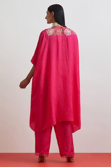 One Not Two Crushed Silk Floral Embroidered Kaftan & Pant Set 