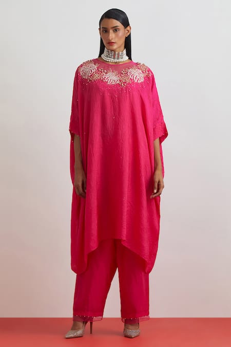 One Not Two Crushed Silk Floral Embroidered Kaftan & Pant Set 