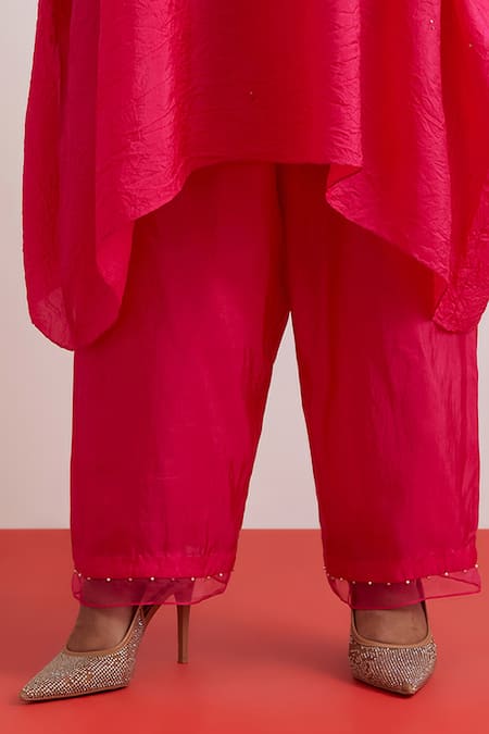 Shop_One Not Two_Fuchsia Silk Embroidery, Sequins, Beads, Crushed Floral Kaftan And Pant Set _Online_at_Aza_Fashions