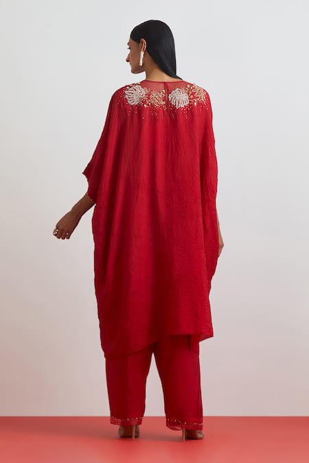 One Not Two Crushed Silk Floral Hand Embroidered Kaftan Set 