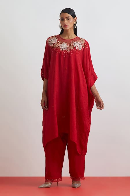 One Not Two Crushed Silk Floral Hand Embroidered Kaftan Set 