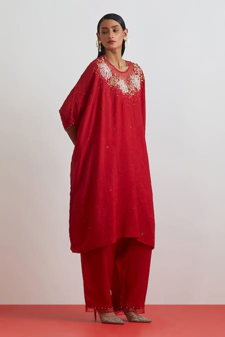 Buy_One Not Two_Red Crinkle, Silk Sequins, Beads, Crystals, Crushed Floral Hand Kaftan Set _Online_at_Aza_Fashions