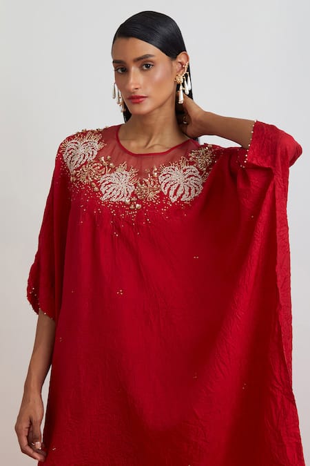 Shop_One Not Two_Red Crinkle, Silk Sequins, Beads, Crystals, Crushed Floral Hand Kaftan Set _Online_at_Aza_Fashions