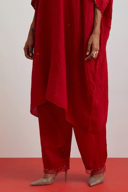 One Not Two_Red Crinkle, Silk Sequins, Beads, Crystals, Crushed Floral Hand Kaftan Set _at_Aza_Fashions