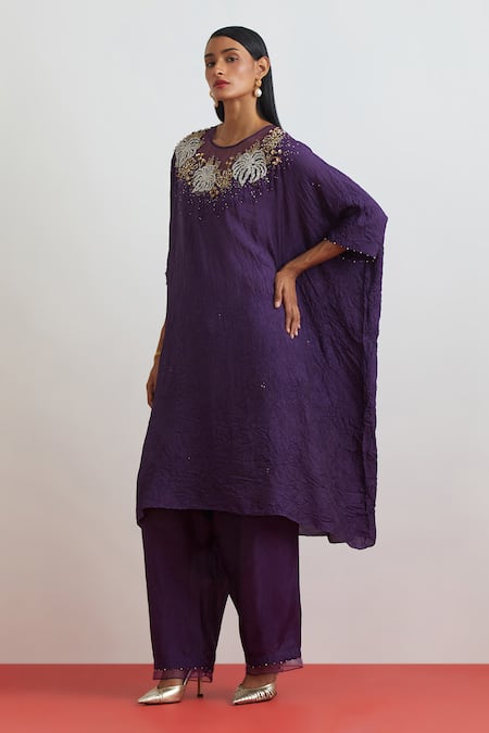 One Not Two_Purple Silk Embroidery, Sequins, Beads, Crystals Round Floral Kaftan And Pant Set _Online_at_Aza_Fashions