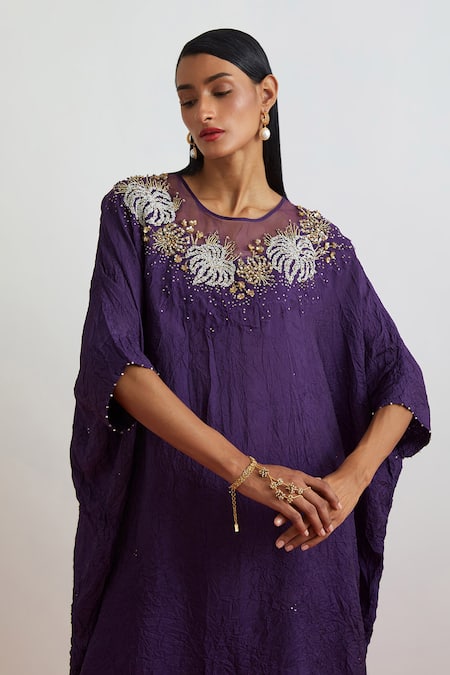 Buy_One Not Two_Purple Silk Embroidery, Sequins, Beads, Crystals Round Floral Kaftan And Pant Set _Online_at_Aza_Fashions