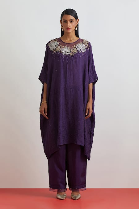 Shop_One Not Two_Purple Silk Embroidery, Sequins, Beads, Crystals Round Floral Kaftan And Pant Set _Online_at_Aza_Fashions