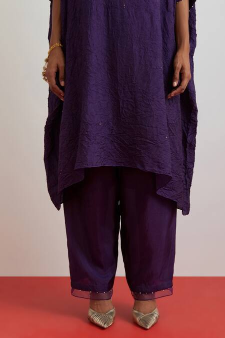 One Not Two_Purple Silk Embroidery, Sequins, Beads, Crystals Round Floral Kaftan And Pant Set _at_Aza_Fashions