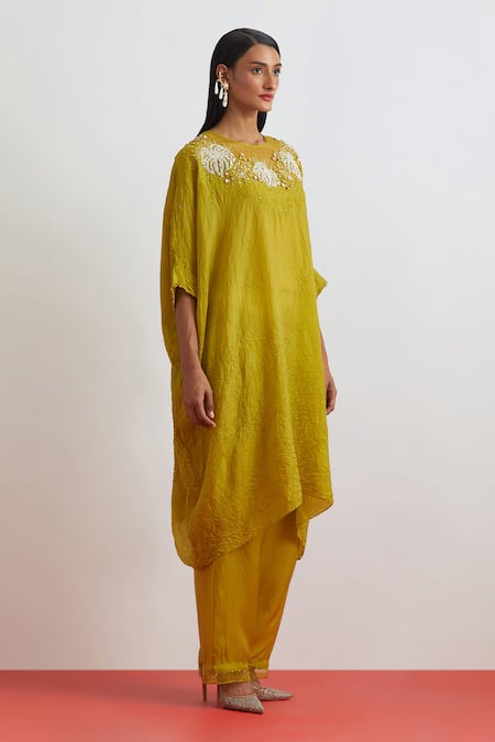 One Not Two_Green Silk Embroidery, Sequins, Beads, Crystals Round Floral Kaftan And Pant Set _Online_at_Aza_Fashions