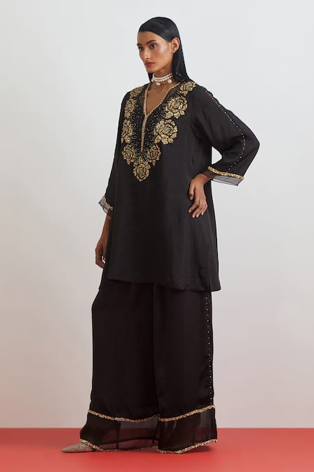 One Not Two_Black Silk Sequins, Beads, Crystals, Rose Garland Short Kurta And Pant Set _Online_at_Aza_Fashions
