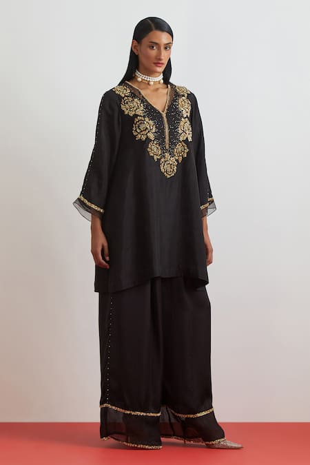 Buy_One Not Two_Black Silk Sequins, Beads, Crystals, Rose Garland Short Kurta And Pant Set _Online_at_Aza_Fashions