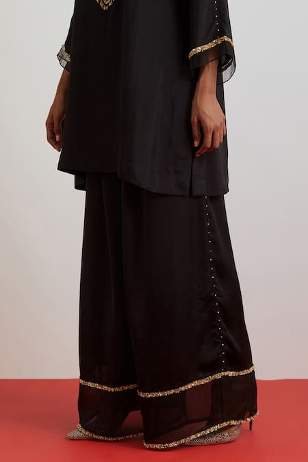 Shop_One Not Two_Black Silk Sequins, Beads, Crystals, Rose Garland Short Kurta And Pant Set _Online_at_Aza_Fashions