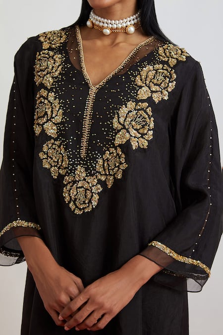 One Not Two_Black Silk Sequins, Beads, Crystals, Rose Garland Short Kurta And Pant Set _at_Aza_Fashions
