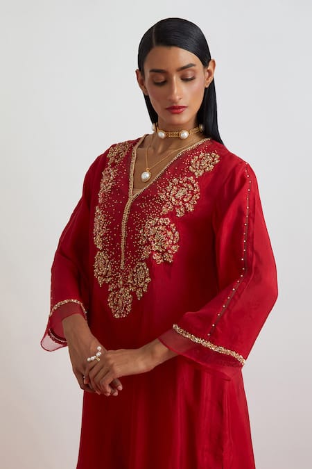 Shop_One Not Two_Red Silk Sequins, Beads, Rose Garland Embroidered Short Kurta And Pant Set _Online_at_Aza_Fashions