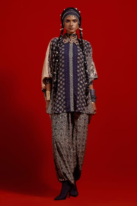 Shop_Aseem Kapoor_Gray Crepe Embroidery, Foil Printing Collared, Mandarin Mandala Printed Shirt _Online_at_Aza_Fashions