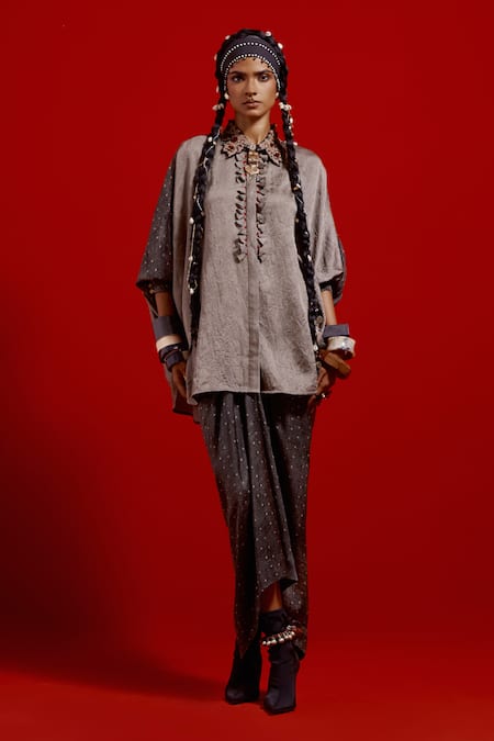 Buy_Aseem Kapoor_Gray Silk Embroidery Collared Mandala Textured Shirt _Online_at_Aza_Fashions