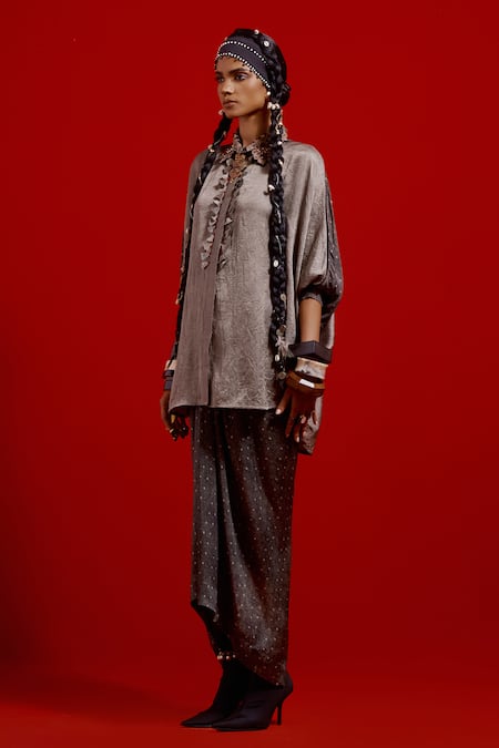 Shop_Aseem Kapoor_Gray Silk Embroidery Collared Mandala Textured Shirt _Online_at_Aza_Fashions