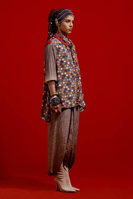 Buy_Aseem Kapoor_Gray Crepe Embroidery Collared Atri Straight Printed Shirt _Online_at_Aza_Fashions