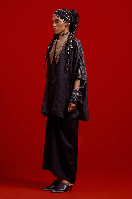 Aseem Kapoor_Black Silk Embroidery V-neck, Collared Mandala Textured Shirt _Online_at_Aza_Fashions
