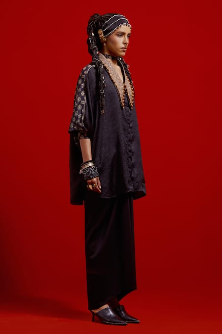 Buy_Aseem Kapoor_Black Silk Embroidery V-neck, Collared Mandala Textured Shirt _Online_at_Aza_Fashions