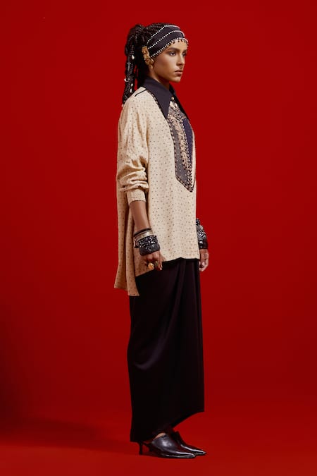 Aseem Kapoor_Beige Crepe Embroidery, Beads, Metallic Thread Collared Atri Printed Shirt _Online_at_Aza_Fashions