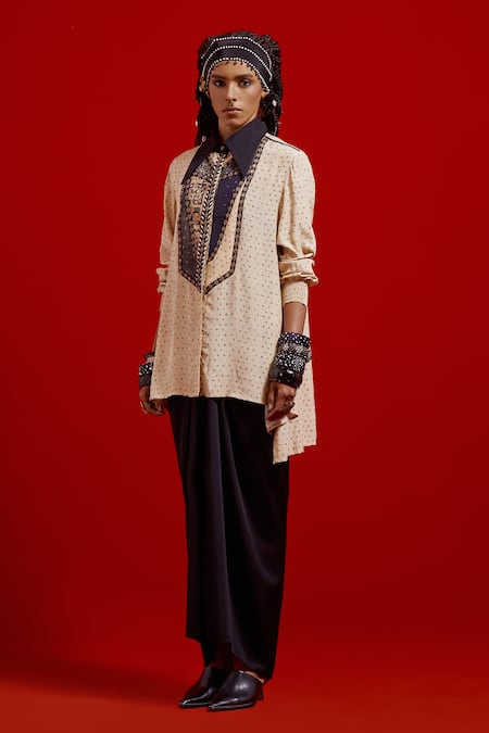 Shop_Aseem Kapoor_Beige Crepe Embroidery, Beads, Metallic Thread Collared Atri Printed Shirt _Online_at_Aza_Fashions