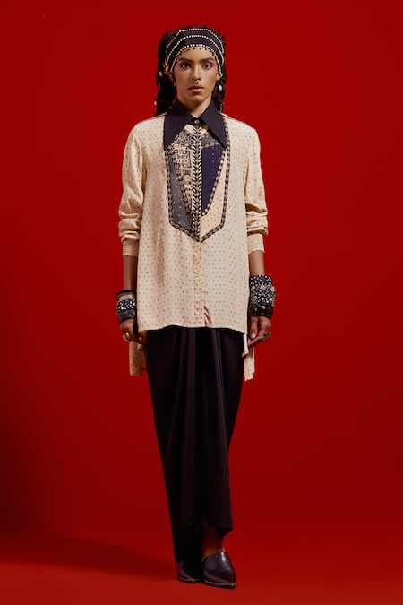 Aseem Kapoor_Beige Crepe Embroidery, Beads, Metallic Thread Collared Atri Printed Shirt _at_Aza_Fashions