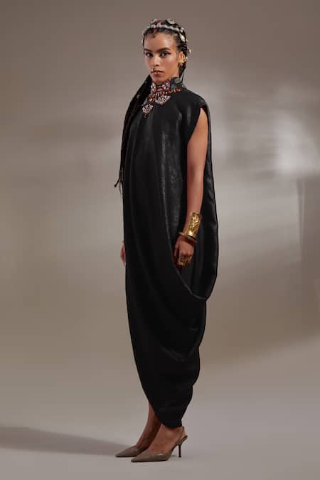 Aseem Kapoor_Black Silk Embroidery High Neck Rasa Drop Shoulder Dress _Online_at_Aza_Fashions