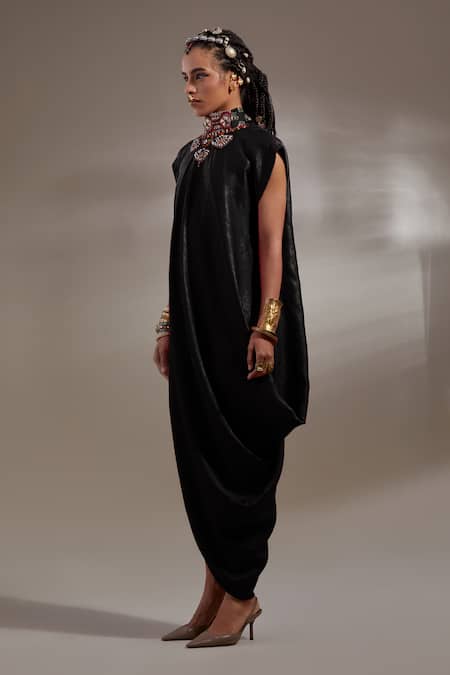 Buy_Aseem Kapoor_Black Silk Embroidery High Neck Rasa Drop Shoulder Dress _Online_at_Aza_Fashions