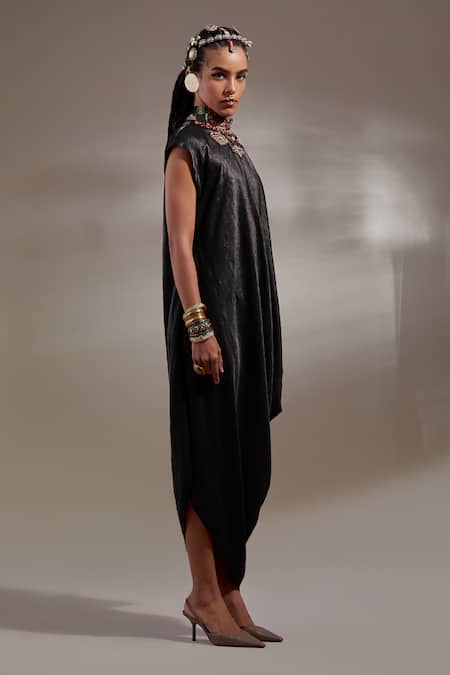 Shop_Aseem Kapoor_Black Silk Embroidery High Neck Rasa Drop Shoulder Dress _Online_at_Aza_Fashions