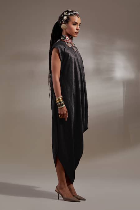 Aseem Kapoor_Black Silk Embroidery High Neck Rasa Drop Shoulder Dress _at_Aza_Fashions