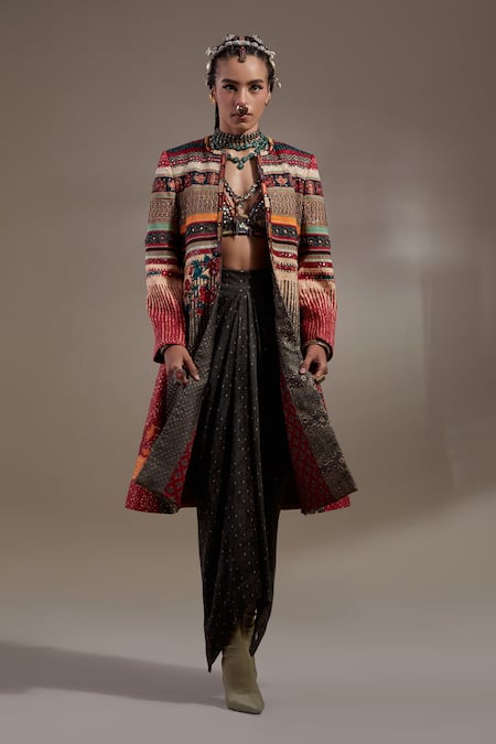 Aseem Kapoor_Red Twill, Crinkle, Silk, Satin Embroidery, Dariya Jacket And Draped Skirt Set _Online_at_Aza_Fashions