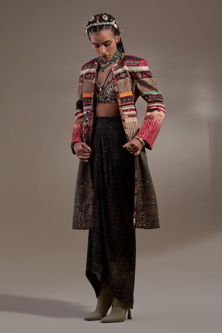 Buy_Aseem Kapoor_Red Twill, Crinkle, Silk, Satin Embroidery, Dariya Jacket And Draped Skirt Set _Online_at_Aza_Fashions