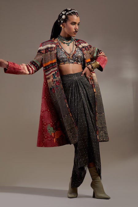 Shop_Aseem Kapoor_Red Twill, Crinkle, Silk, Satin Embroidery, Dariya Jacket And Draped Skirt Set _Online_at_Aza_Fashions