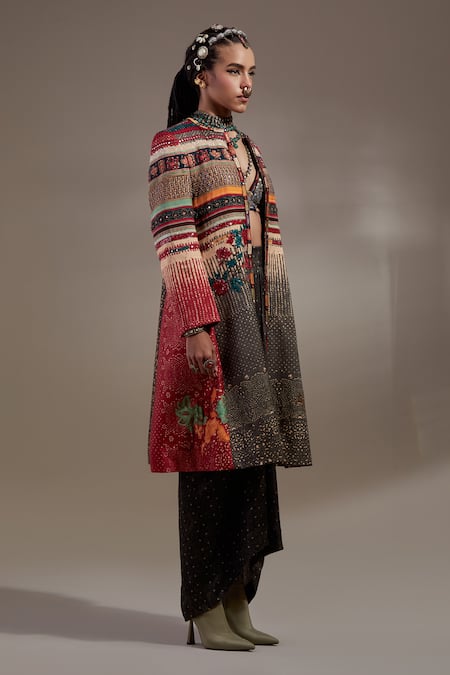 Aseem Kapoor_Red Twill, Crinkle, Silk, Satin Embroidery, Dariya Jacket And Draped Skirt Set _at_Aza_Fashions