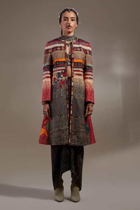 Buy_Aseem Kapoor_Red Twill, Crinkle, Silk, Satin Embroidery, Dariya Jacket And Draped Skirt Set 