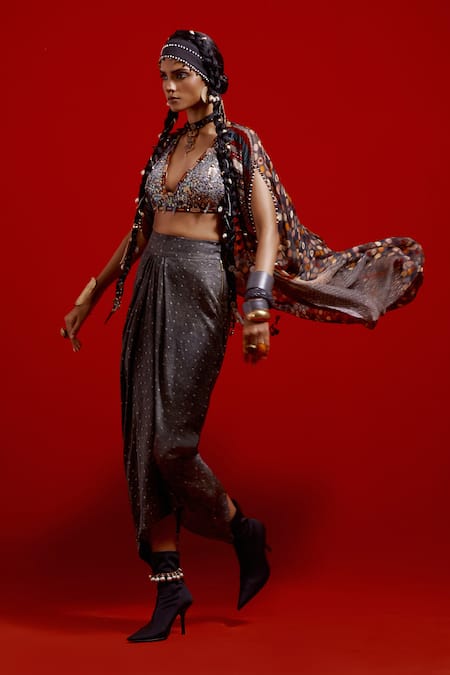 Aseem Kapoor Gray Silk Beads, Tassels, Embroidery V-neck Ritu Printed Kaftan Jacket Online at Aza Fashions Aseem Kapoor_Gray Silk Beads, Tassels, Embroidery V-neck Ritu Printed Kaftan Jacket _Online_at_Aza_Fashions