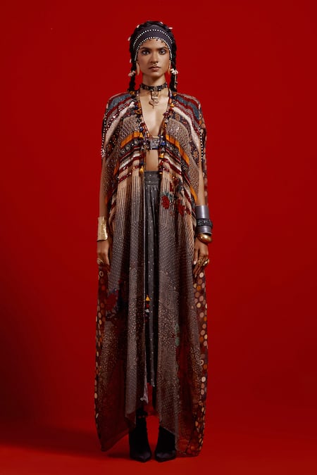 Aseem Kapoor Gray Silk Beads, Tassels, Embroidery V-neck Ritu Printed Kaftan Jacket at Aza Fashions Aseem Kapoor_Gray Silk Beads, Tassels, Embroidery V-neck Ritu Printed Kaftan Jacket _at_Aza_Fashions